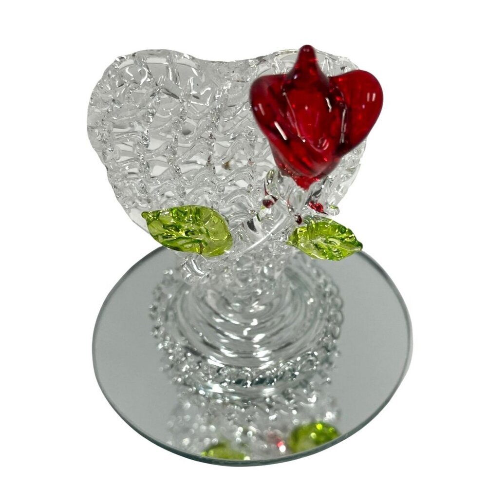 Spun‎ Glass Heart Figurine With Red Rose & Leaves On Mirror Base
